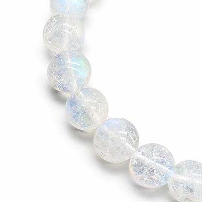 Side view of high-grade Madagascar Moonstone bracelet showing bead depth and flash intensity