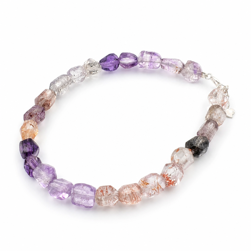 Faceted Melody Stone beads catching light across violet, smoke and clear quartz