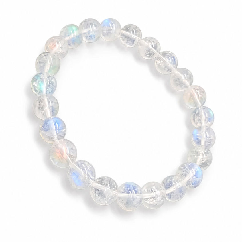 Style A 8mm high-grade Madagascar Moonstone bracelet showing bold commanding flash