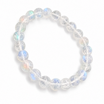 Style A 8mm high-grade Madagascar Moonstone bracelet showing bold commanding flash