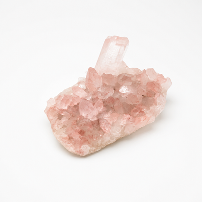 Detail of water-clear Himalayan quartz points with natural pink at the cluster core