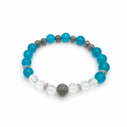 Verdant Voyager bracelet with Amazonite nephrite jade and Labradorite on white surface