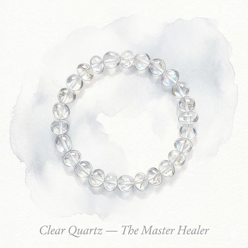Watercolour illustration of a clear quartz bracelet catching light