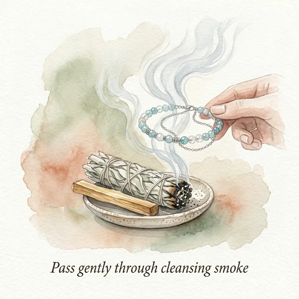 Watercolour illustration of a smouldering herb bundle on a ceramic dish beside a crystal bracelet