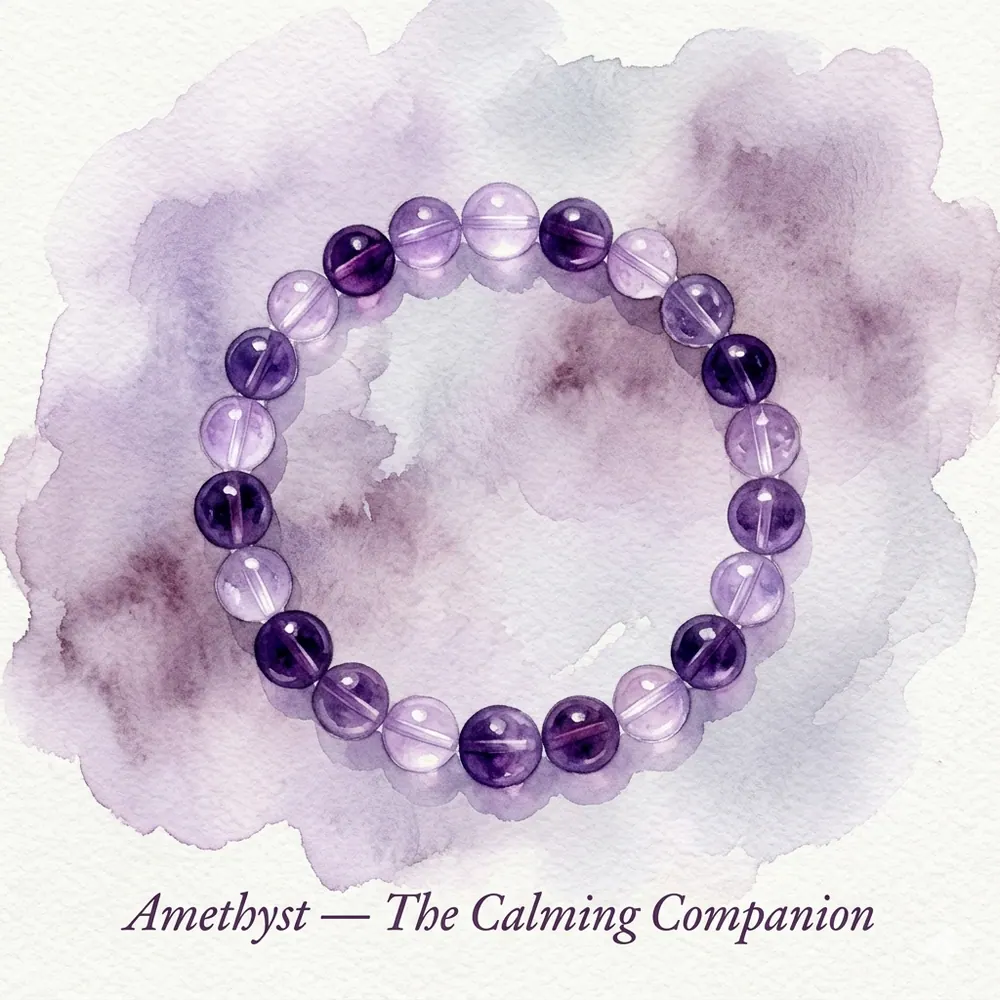 Watercolour illustration of an amethyst bracelet with purple and lavender beads