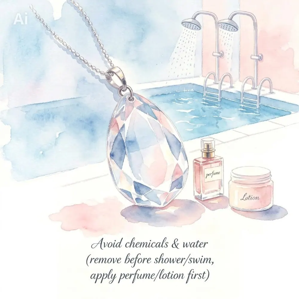 Watercolour illustration of a crystal bracelet beside perfume and lotion, captioned 'Avoid chemicals and water'
