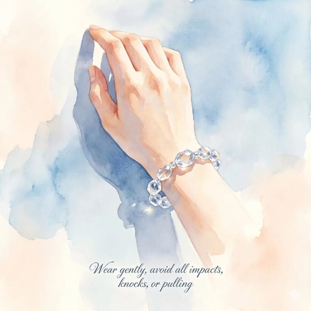 Watercolour illustration of two hands, one wearing a faceted crystal bracelet, captioned 'Wear gently, avoid all impacts'
