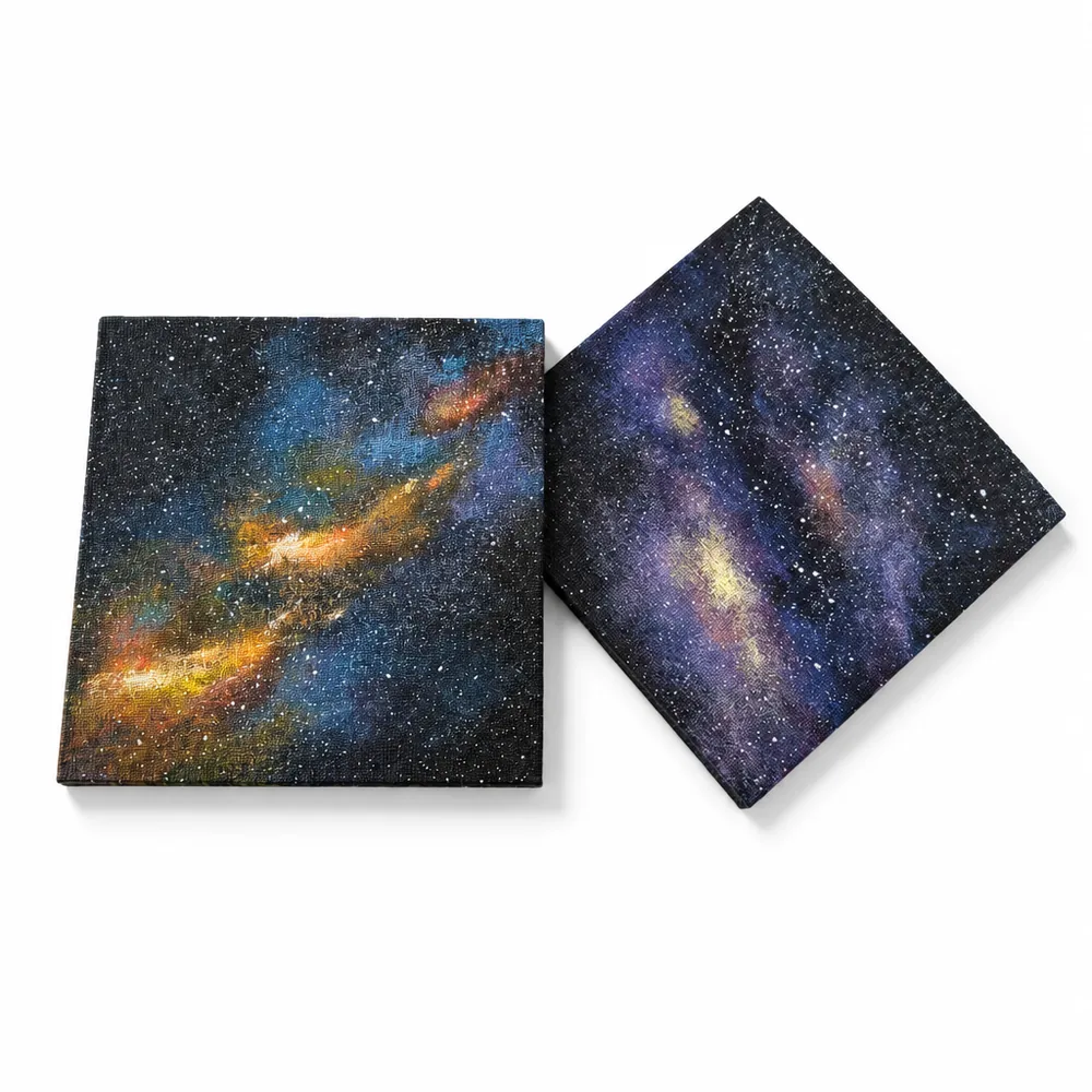 Two memorial canvases, one gold and blue, one violet, each sky painted differently