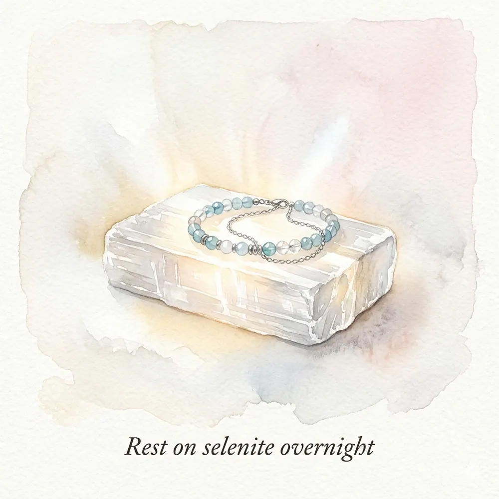 Watercolour illustration of a crystal bracelet resting on a white selenite slab