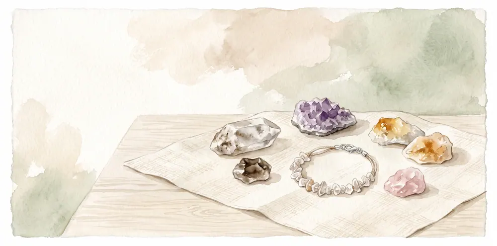 Raw natural crystal stones and a handmade bracelet on linen in the studio