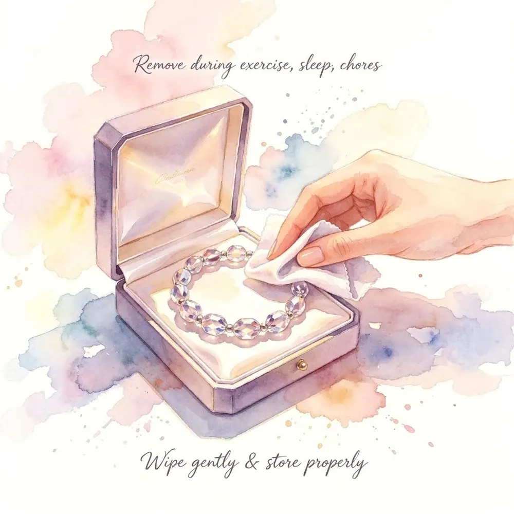 Watercolour illustration of a hand wiping a crystal bracelet in an open jewellery box