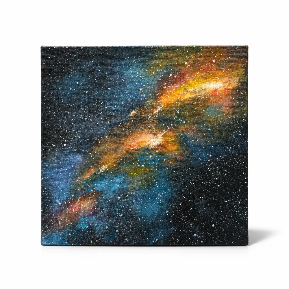 Hand-painted Milky Way in gold and deep blue on a square canvas