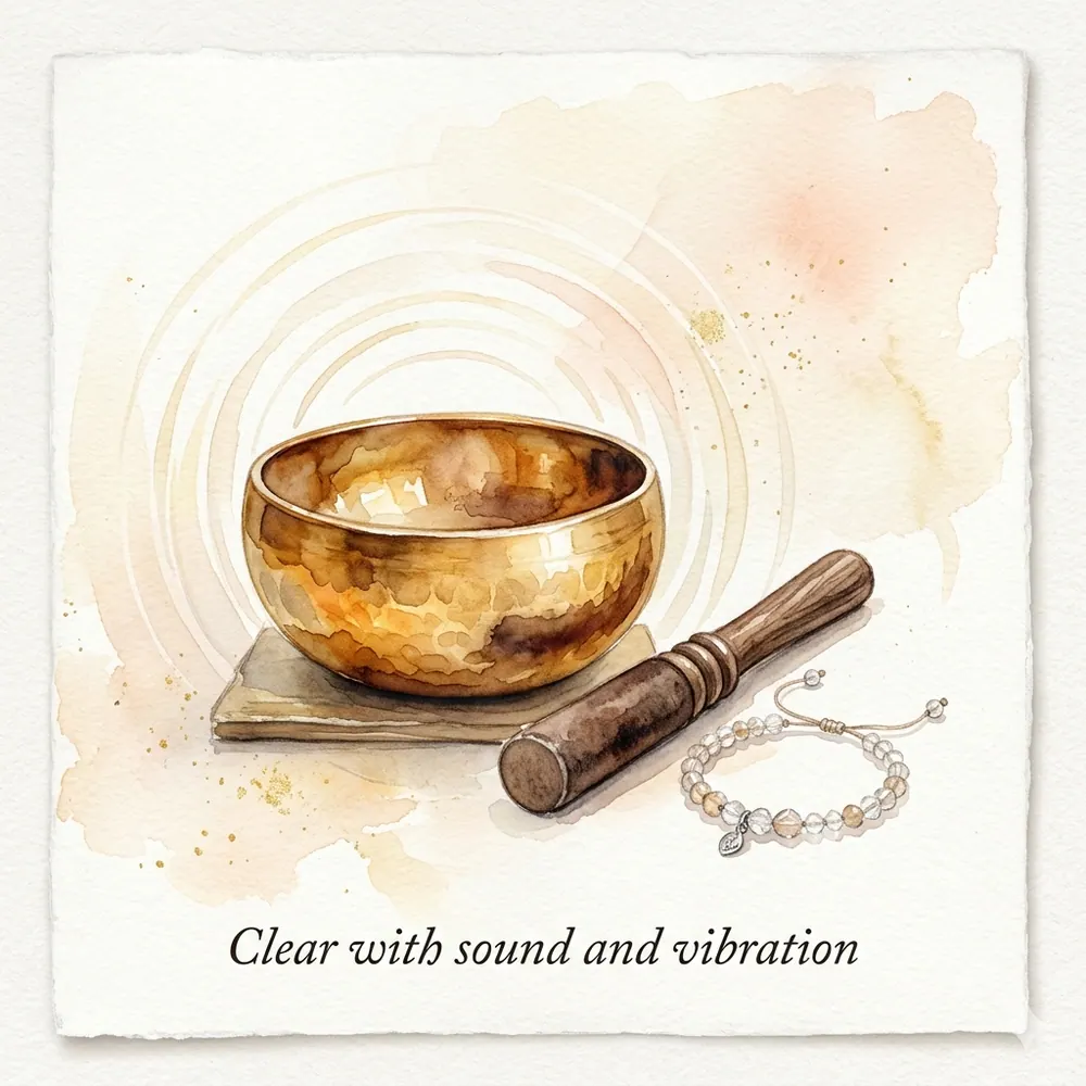 Watercolour illustration of a bronze singing bowl beside a crystal bracelet