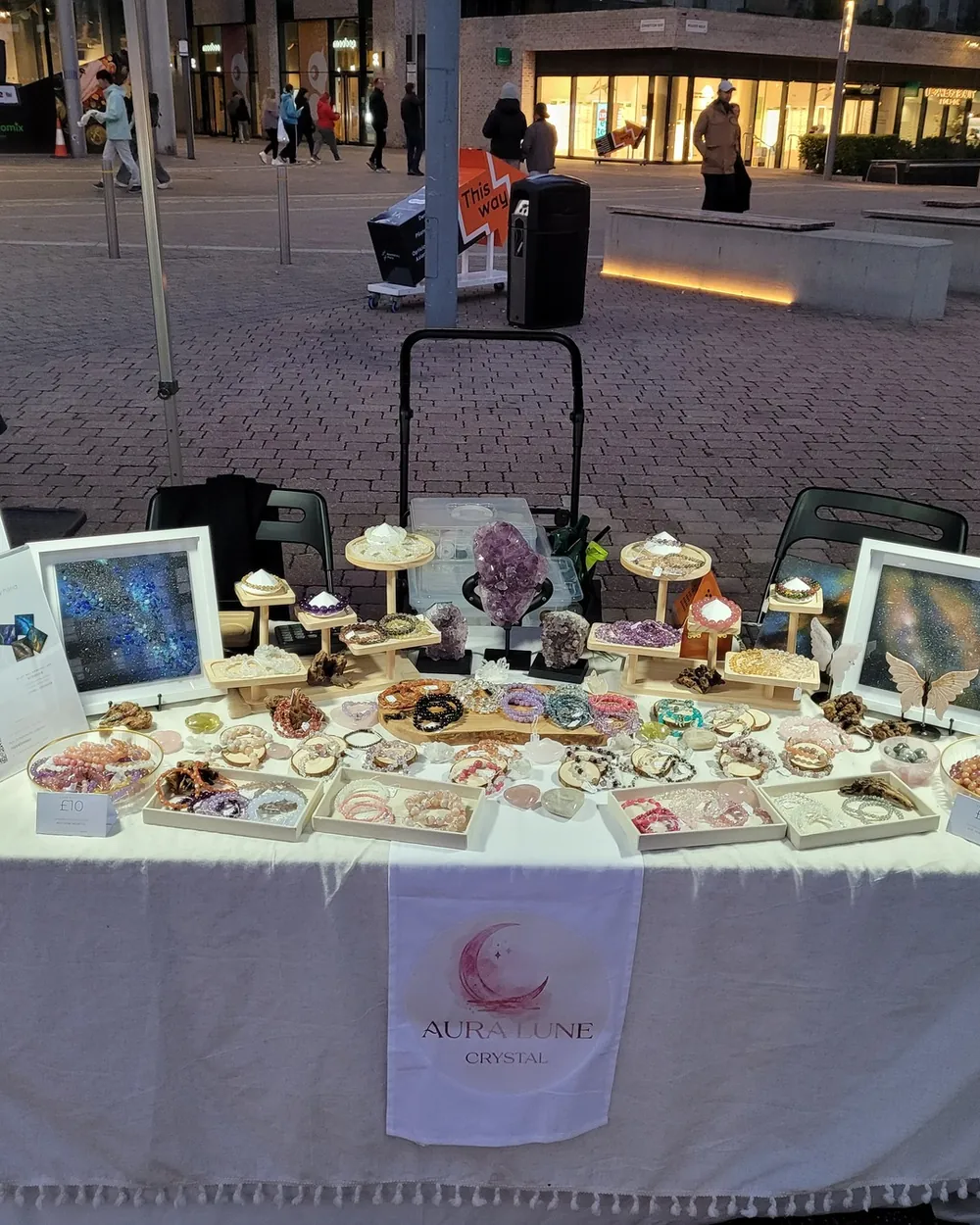 The AuraLune stall at Wembley Park in the early evening